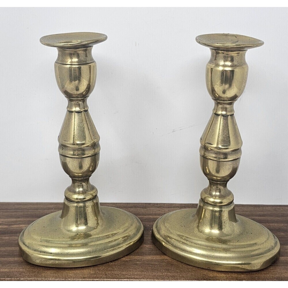 Antique Pair Victorian English Oval Plunger Push-Up Brass Candlesticks 6.5"